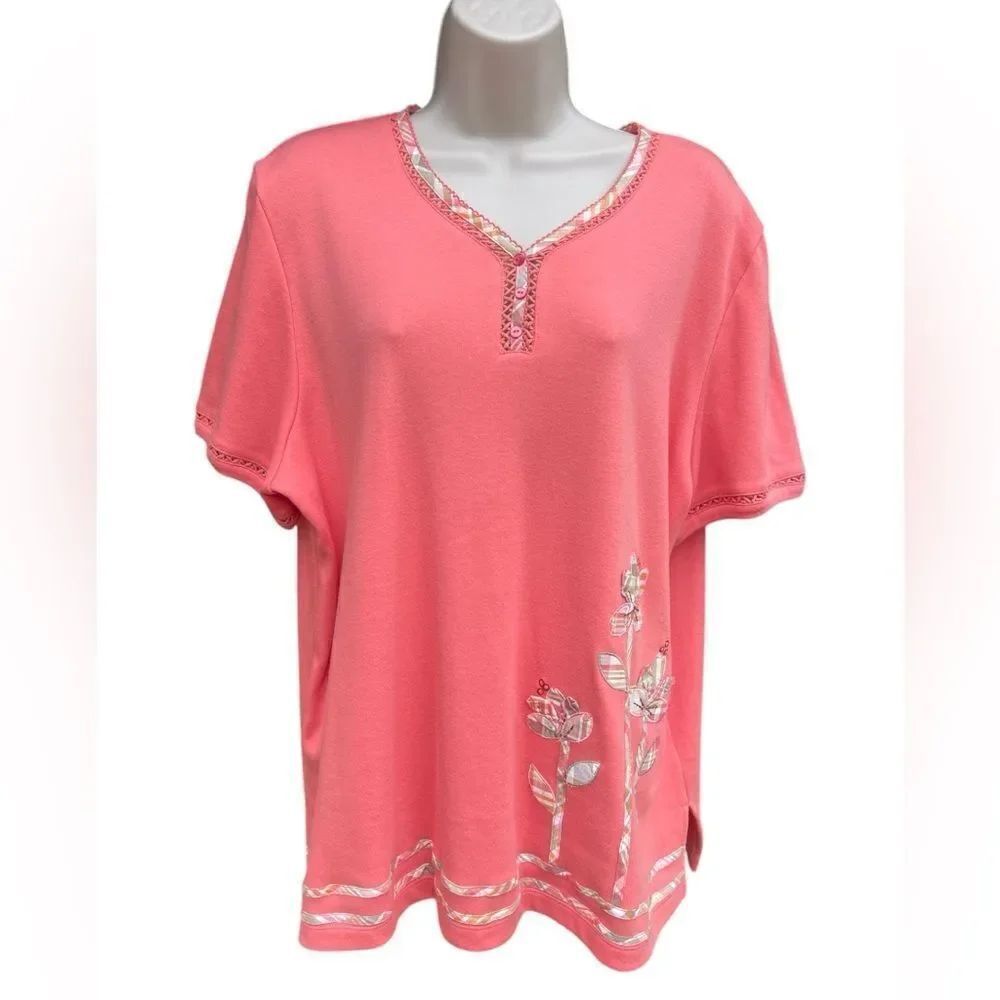 Alfred Dunner V-neck Peach and Yellow Floral Print Short Sleeve Embroidered